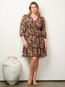 PLUS SIZE 3/4 SLEEVE SURPLICE SMOCK WAIST FLORAL MINI DRESS