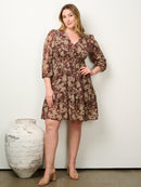 PLUS SIZE 3/4 SLEEVE SURPLICE SMOCK WAIST FLORAL MINI DRESS
