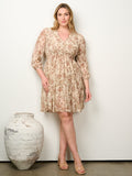 PLUS SIZE 3/4 SLEEVE SURPLICE SMOCK WAIST FLORAL MINI DRESS