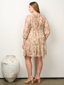 PLUS SIZE 3/4 SLEEVE SURPLICE SMOCK WAIST FLORAL MINI DRESS