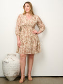 PLUS SIZE 3/4 SLEEVE SURPLICE SMOCK WAIST FLORAL MINI DRESS