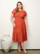 PLUS SIZE SHORT PUFF SLEEVE SMOCK TIERED MIDI DRESS