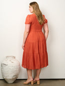 PLUS SIZE SHORT PUFF SLEEVE SMOCK TIERED MIDI DRESS