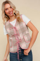 PLAID COLOR BLOCK WOVEN VEST W/ SIDE POCKET