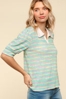 COLLARED NOTCH NECK MULTICOLOR STRIPE TOP