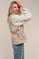 TAUPE HIGH NECK ZIP UP QUILTED PUFFER VEST