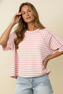RAGLAN SHORT SLEEVE OVERSIZED STRIPE KNIT TOP