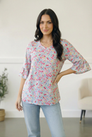Feeling It Blue Floral Print Ruffle Three Quarter Sleeve Top (Open Pack)