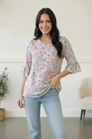 Feeling It Blue Floral Print Ruffle Three Quarter Sleeve Top (Open Pack)