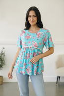 Sky Blue Three-Quarter Sleeve Floral Peplum Babydoll Top (Open Pack)