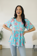 Sky Blue Three-Quarter Sleeve Floral Peplum Babydoll Top (Open Pack)