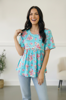 Sky Blue Three-Quarter Sleeve Floral Peplum Babydoll Top (Open Pack)