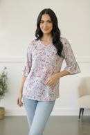 Feeling It Blue Floral Print Ruffle Three Quarter Sleeve Top (Open Pack)