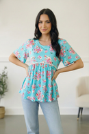 Sky Blue Three-Quarter Sleeve Floral Peplum Babydoll Top (Open Pack)
