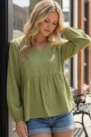 Green Textured Woven Peplum Zip Back Top