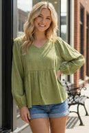 Green Textured Woven Peplum Zip Back Top