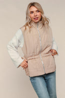 TAUPE HIGH NECK ZIP UP QUILTED PUFFER VEST