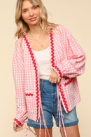 RIBBON TIE GINGHAM OVERSIZED JACKET W/ POCKET