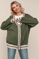 OLIVE SOLID BUTTON DOWN LOOSE FIT HOLIDAY CARDIGAN