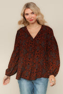 BLACK/ORANGE LONG SLEEVE V NECK WOVEN BLOUSE