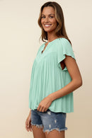 PLUS NOTCH NECK RAGLAN FLUTTER SHIRRED YOKE BLOUSE