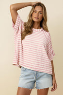 RAGLAN SHORT SLEEVE OVERSIZED STRIPE KNIT TOP