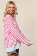 PLUS BUTTON DOWN CHECKER STRIPE SWEATER CARDIGAN