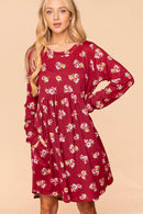 WINE FLORAL LONG SLEEVE BABYDOLL SWING DRESS