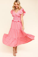 FLUTTER DOUBLE SHORT SLEEVE WOVEN MAXI DRESS