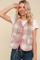 PLAID COLOR BLOCK WOVEN VEST W/ SIDE POCKET