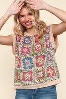 DOLMAN FLORAL CROCHET PRINT THERMAL KNIT TOP