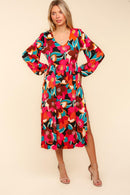 PLUS MAGENTA FLORAL FIT AND FLARE W/ SIDE POCKETS AND SLIT