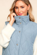 Slat Blue High Neck Sleeveless Snap Button Corduroy Vest