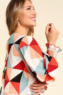SMOCKED BUBBLE LONG SLEEVE GEOMETRIC WOVEN
