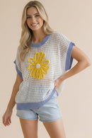 FLOWER EMBROIDERY DOLMAN NETTED SWEATER TOP