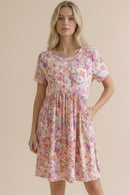 PLUS ROUND NECK SHORT SLEEVE BABYDOLL FLORAL DRESS