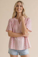 PLUS NOTCH NECK STRIPE FLORAL FLUTTER SHORT SLEEVE TOP