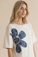 DROP SHOUDLER DENIM FLORAL PATCHWORK SLUB KNIT TOP