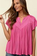 PLUS NOTCH NECK RAGLAN FLUTTER SHIRRED YOKE BLOUSE