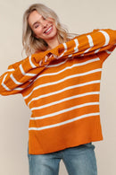 Plus Rust Loose Fit Pullover Stripe Sweater