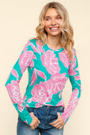 FLORAL FITTED LONG SLEEVE SMOOTH KNIT TOP