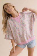 OVERSIZED FLUTTER SLEEVE  FLORAL PULLOVER TOP