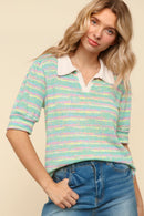 COLLARED NOTCH NECK MULTICOLOR STRIPE TOP