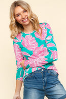 FLORAL FITTED LONG SLEEVE SMOOTH KNIT TOP