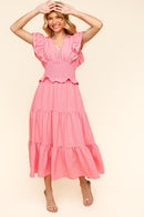 FLUTTER DOUBLE SHORT SLEEVE WOVEN MAXI DRESS