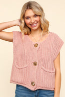PLUS GOLD BUTTON DOWN CHUNKY SWEATER VEST W/POCKET