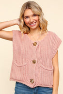 GOLD BUTTON DOWN CHUNKY SWEATER VEST W/POCKET