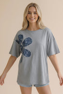 DROP SHOUDLER DENIM FLORAL PATCHWORK SLUB KNIT TOP