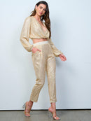 WOMEN'S LONG SLEEVE CROP TOP & SKINNY LEG PANTS SEQUINS 2PC. SET