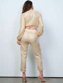 WOMEN'S LONG SLEEVE CROP TOP & SKINNY LEG PANTS SEQUINS 2PC. SET